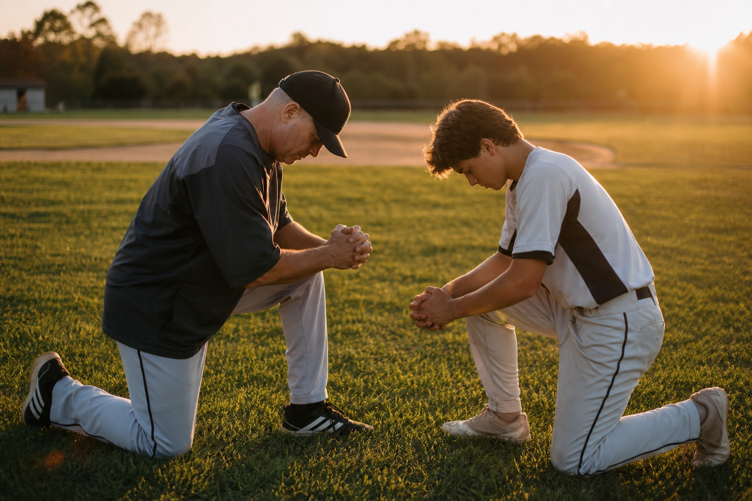 Coach Praying with Baseball Player on Field